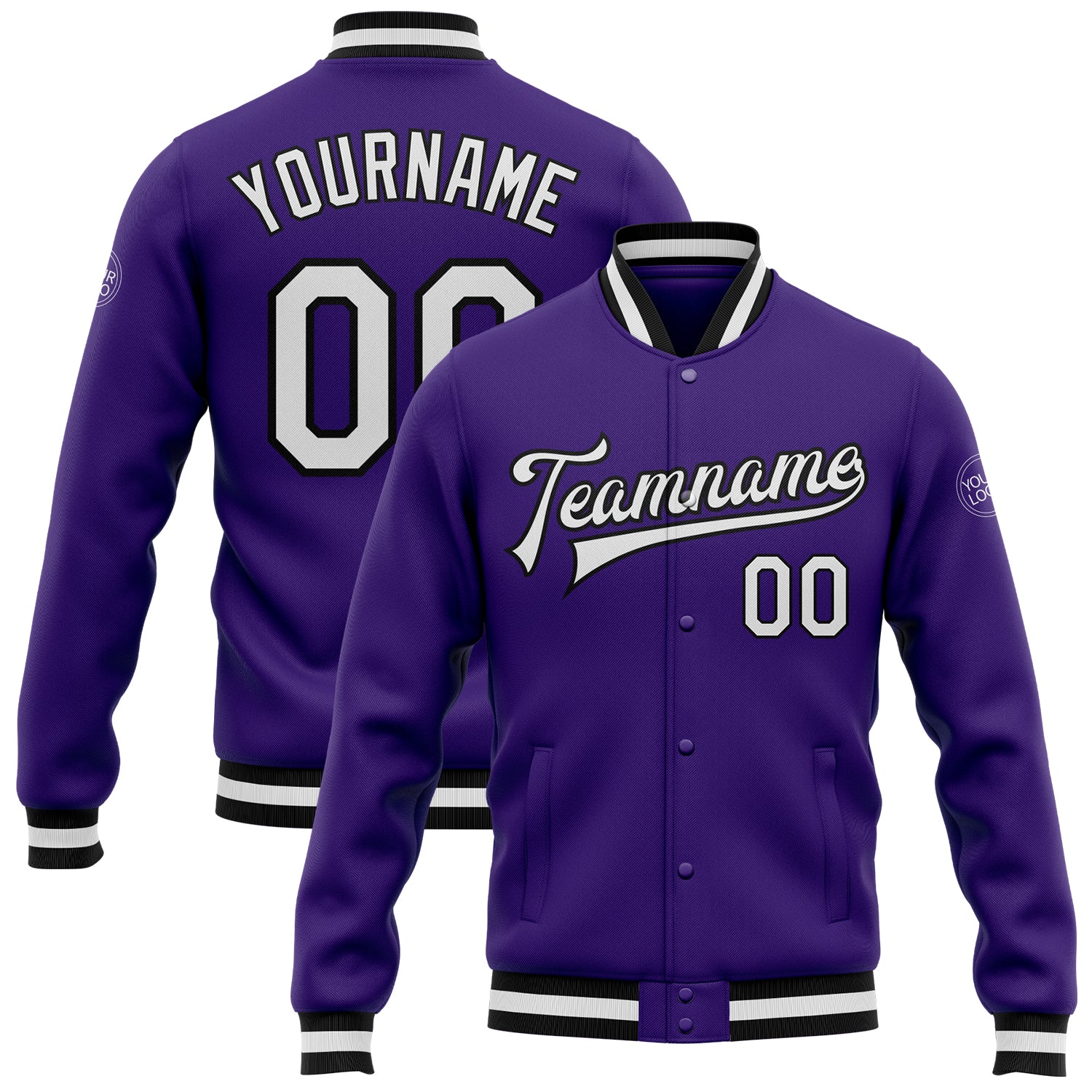 Custom Varsity Letterman Jacket in Purple, White & Black - Full-Snap Bomber Style Custom Purple White-Black Bomber Full-Snap