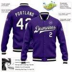 Custom Varsity Letterman Jacket in Purple, White & Black - Full-Snap Bomber Style Custom Purple White-Black Bomber Full-Snap