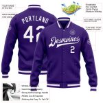Custom Purple White Varsity Letterman Jacket - Full-Snap Bomber Style Custom Purple White Bomber Full-Snap Varsity Letterman