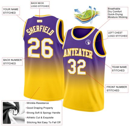 Custom Purple White Gold Basketball Jersey - Authentic Fade Design Fashion Apparel Custom Purple White-Gold Authentic Fade