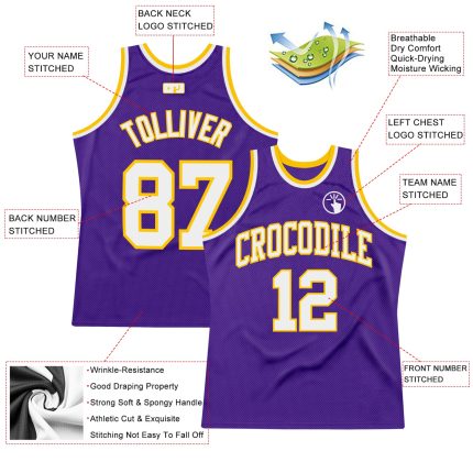 Custom Basketball Jersey - Authentic Purple White Gold Throwback Design Custom Purple White-Gold Authentic Throwback Basketball