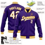 Custom Bomber Varsity Letterman Jacket in Purple and White Gold, Full-Snap Design Custom Purple White-Gold Bomber Full-Snap