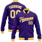 Custom Bomber Varsity Letterman Jacket in Purple and White Gold, Full-Snap Design Custom Purple White-Gold Bomber Full-Snap