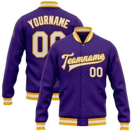 Custom Bomber Varsity Letterman Jacket in Purple and White Gold, Full-Snap Design Custom Purple White-Gold Bomber Full-Snap