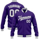 Custom Varsity Letterman Jacket Purple White Gray Full-Snap Bomber Custom Purple White-Gray Bomber Full-Snap Varsity Letterman