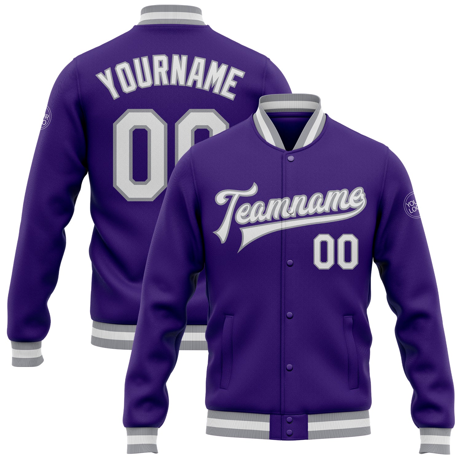 Custom Varsity Letterman Jacket Purple White Gray Full-Snap Bomber Custom Purple White-Gray Bomber Full-Snap Varsity Letterman