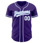 Custom purple and light blue baseball jersey, back view