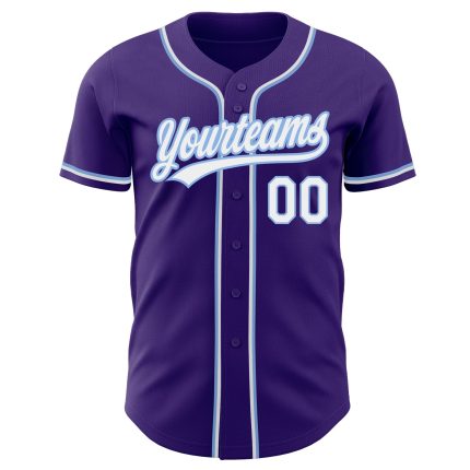 Custom purple and light blue baseball jersey, back view
