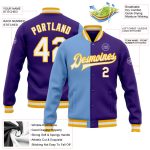Custom Varsity Letterman Jacket in Purple, White, Light Blue, and Gold - Full-Snap Fashion Style Custom Purple White Light