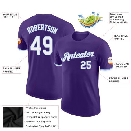 Custom Performance T-Shirt in Purple, White, Light Blue - Style 9567 for Men and Women Custom Purple White-Light Blue Performance