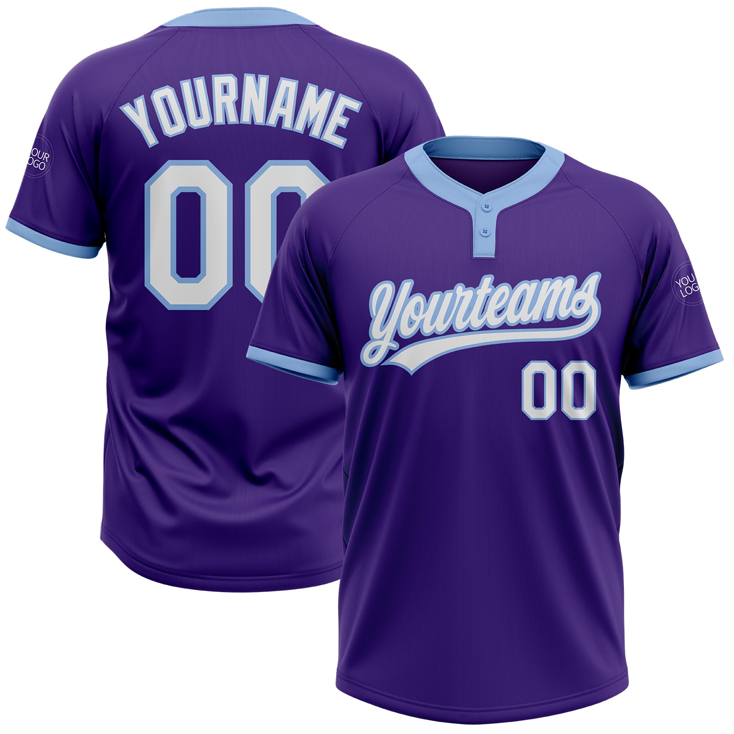 Custom Softball Jersey Two-Button Unisex in Purple & Light Blue - Soft Fabric Custom Purple White-Light Blue Two-Button Unisex