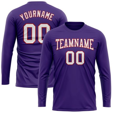 Custom Long Sleeve Performance T-Shirt in Purple, White, and Red for Men and Women Custom Purple White-Red Long Sleeve Performance