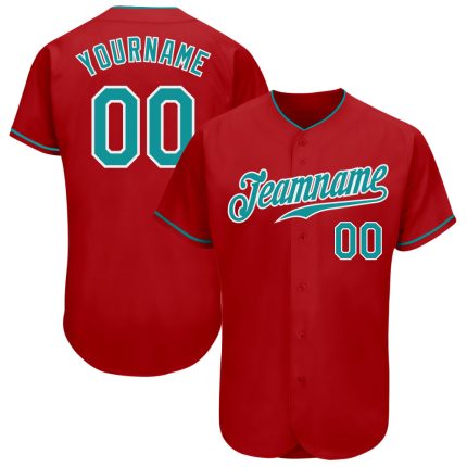 Red Aqua-White Custom Baseball Jersey - Authentic Team Apparel for Fans Custom Red Aqua-White Authentic Baseball Jersey