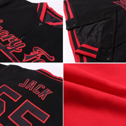 Custom Bomber Varsity Letterman Jacket Red Black Cream Full-Snap Mens Outerwear Custom Red Black-Cream Bomber Full-Snap Varsity