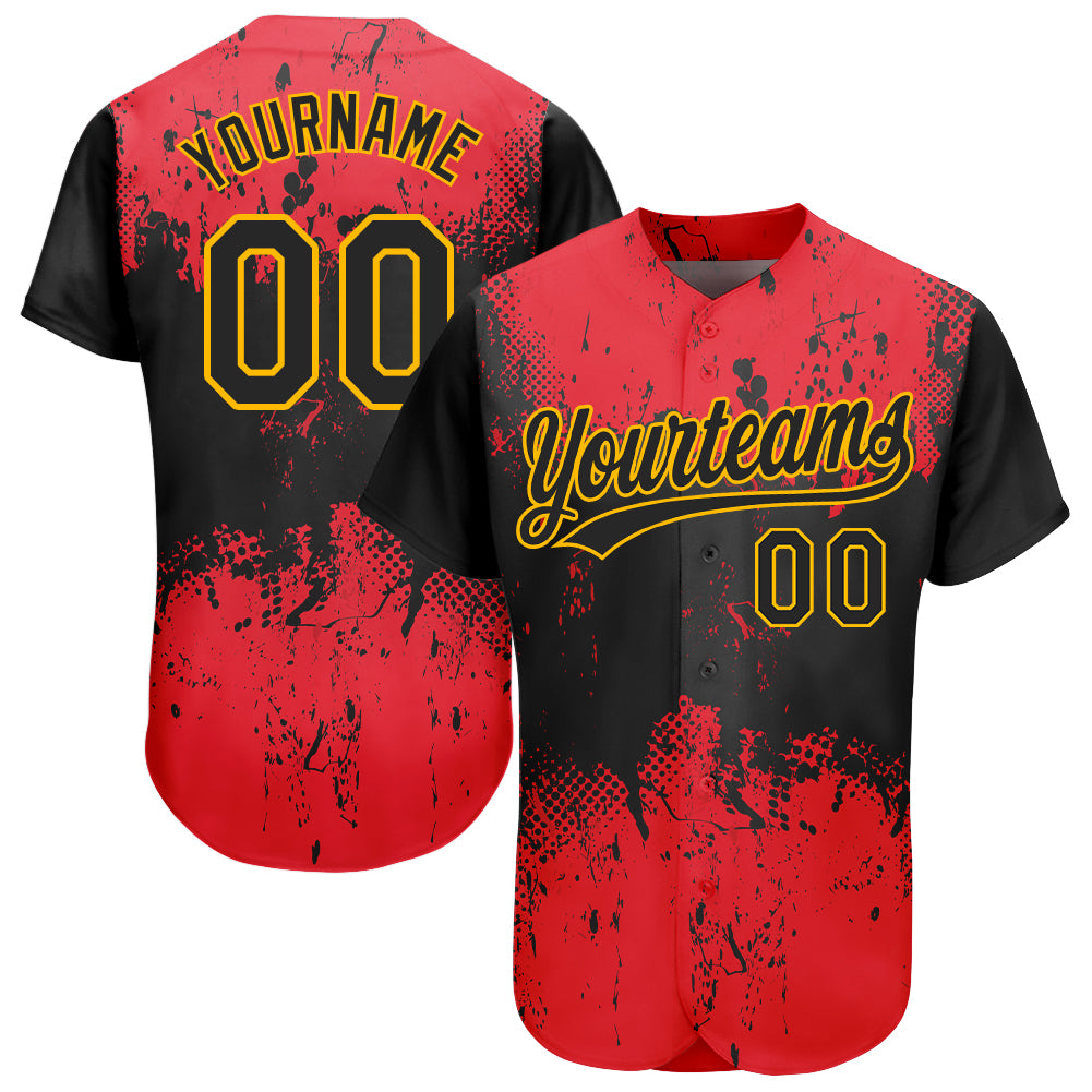 Custom Red Black Gold 3D Pattern Baseball Jersey - Authentic Design Custom Red Black-Gold 3D Pattern Design Authentic Baseball