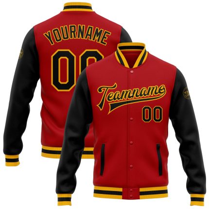Red Black Gold Bomber Jacket Full-Snap Varsity Letterman Two Tone Custom Custom Red Black-Gold Bomber Full-Snap Varsity Letterman