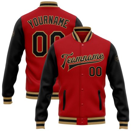 Custom Two Tone Red Black Old Gold Varsity Letterman Bomber Full-Snap Jacket Custom Red Black-Old Gold Bomber Full-Snap Varsity