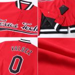 Custom Red Black White Varsity Letterman Bomber Jacket Full-Snap Design Custom Red Black-White Bomber Full-Snap Varsity Letterman