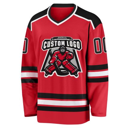Custom red and black hockey jersey, back view