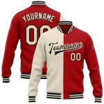 Custom Red Cream Black Split Varsity Letterman Bomber Jacket Full-Snap Fashion Custom Red Cream-Black Bomber Full-Snap Varsity