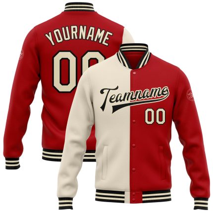 Custom Red Cream Black Split Varsity Letterman Bomber Jacket Full-Snap Fashion Custom Red Cream-Black Bomber Full-Snap Varsity