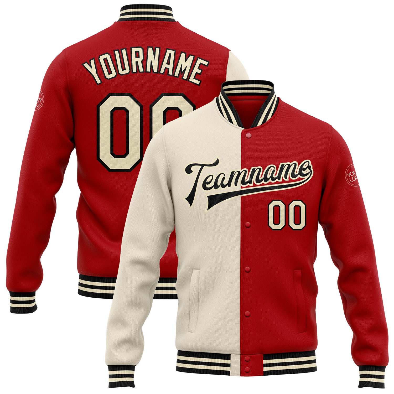 Custom Red Cream Black Split Varsity Letterman Bomber Jacket Full-Snap Fashion Custom Red Cream-Black Bomber Full-Snap Varsity