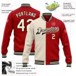 Custom Red Cream Black Split Varsity Letterman Bomber Jacket Full-Snap Fashion Custom Red Cream-Black Bomber Full-Snap Varsity