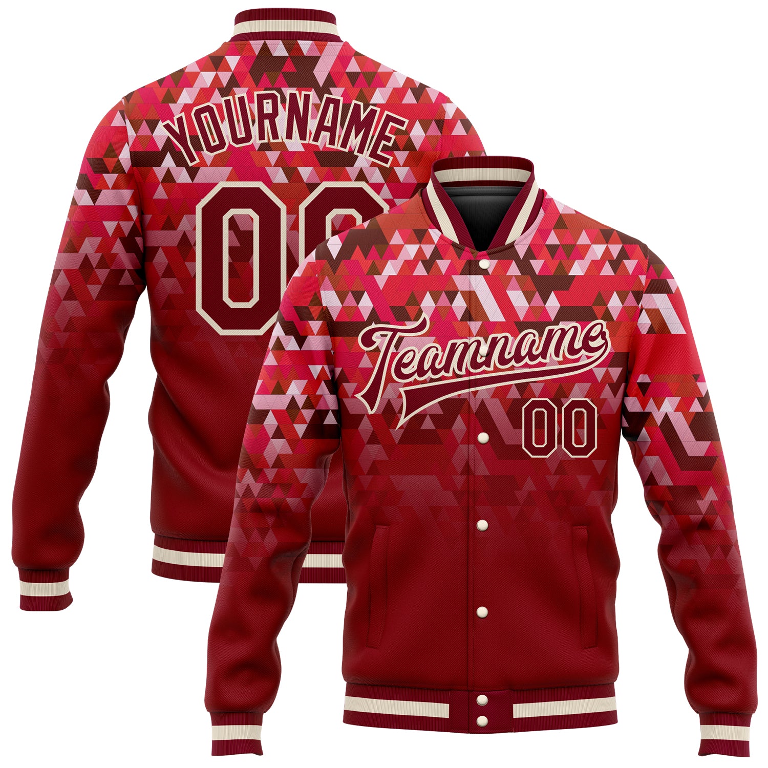 Custom Crimson Cream 3D Pattern Bomber Jacket Full-Snap Varsity Letterman Custom Red Crimson-Cream 3D Pattern Design Bomber