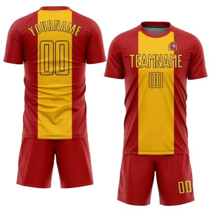 Custom Spanish Flag Soccer Uniform Jersey - Red Gold-Black Design Custom Red Gold-Black Sublimation Spanish Flag Soccer Uniform
