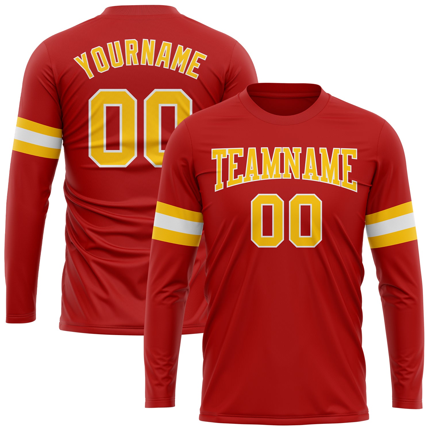 Custom Long Sleeve Performance T-Shirt in Red Gold and White for Men and Women Custom Red Gold-White Long Sleeve Performance