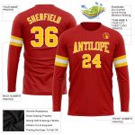 Custom Long Sleeve Performance T-Shirt in Red Gold and White for Men and Women Custom Red Gold-White Long Sleeve Performance