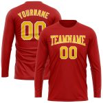 Custom Long Sleeve Performance T-Shirt in Red Gold and White for Men and Women Custom Red Gold-White Long Sleeve Performance