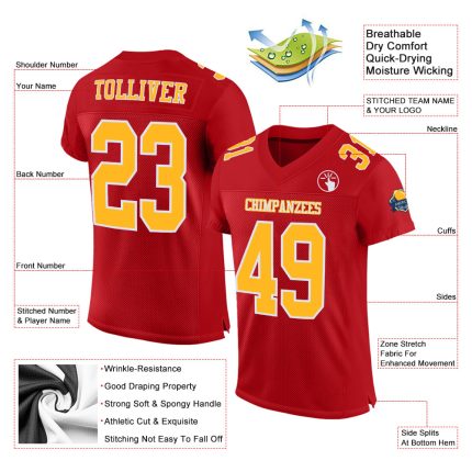 Custom Authentic Football Jersey - Red Gold and White Mesh Design Custom Red Gold-White Mesh Authentic Football Jersey