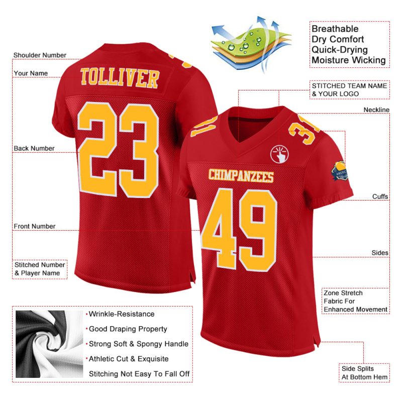Custom Authentic Football Jersey - Red Gold and White Mesh Design Custom Red Gold-White Mesh Authentic Football Jersey