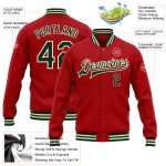 Custom Red Green Cream Varsity Letterman Bomber Jacket Full-Snap Style Custom Red Green-Cream Bomber Full-Snap Varsity Letterman