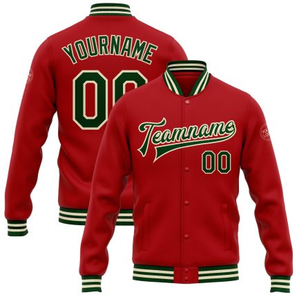 Custom Red Green Cream Varsity Letterman Bomber Jacket Full-Snap Style Custom Red Green-Cream Bomber Full-Snap Varsity Letterman