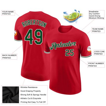 Custom Performance T-Shirt Red Green-White for Men and Women Custom Red Green-White Performance T-Shirt