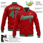 Custom Red Kelly Green Cream Black Varsity Letterman Bomber Jacket Full-Snap Custom Red Kelly Green Cream-Black Bomber Full-Snap