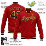 Customized Red Navy Gold Bomber Jacket Full-Snap Varsity Letterman Style Custom Red Navy-Gold Bomber Full-Snap Varsity Letterman
