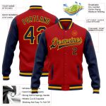 Custom Red Navy Gold Two Tone Bomber Jacket Full-Snap Varsity Letterman Custom Red Navy-Gold Bomber Full-Snap Varsity Letterman