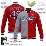 Custom Bomber Jacket Red Navy Gray Varsity Letterman Full-Snap Fashion Style Custom Red Navy-Gray Bomber Full-Snap Varsity