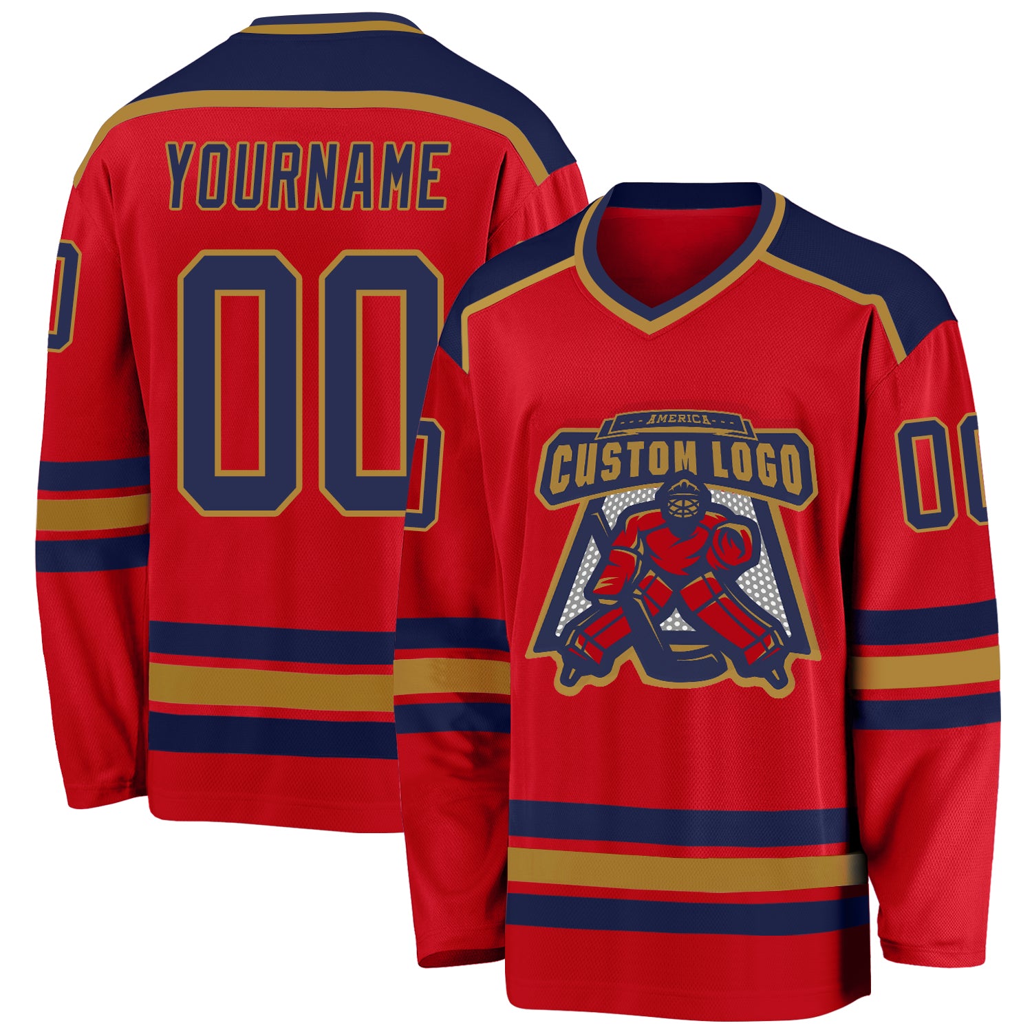 Custom red, navy and old gold hockey jersey