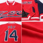 Red Navy-White Two Tone Varsity Letterman Bomber Jacket Full-Snap Custom Design Custom Red Navy-White Bomber Full-Snap Varsity