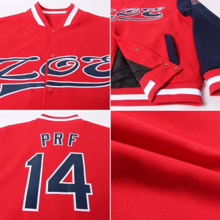 Red Navy-White Two Tone Varsity Letterman Bomber Jacket Full-Snap Custom Design Custom Red Navy-White Bomber Full-Snap Varsity