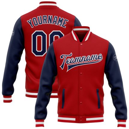 Red Navy-White Two Tone Varsity Letterman Bomber Jacket Full-Snap Custom Design Custom Red Navy-White Bomber Full-Snap Varsity