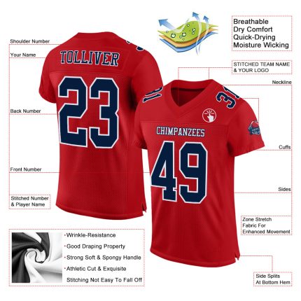 Custom Authentic Football Jersey - Red Navy-White Mesh Design for Fans Custom Red Navy-White Mesh Authentic Football Jersey
