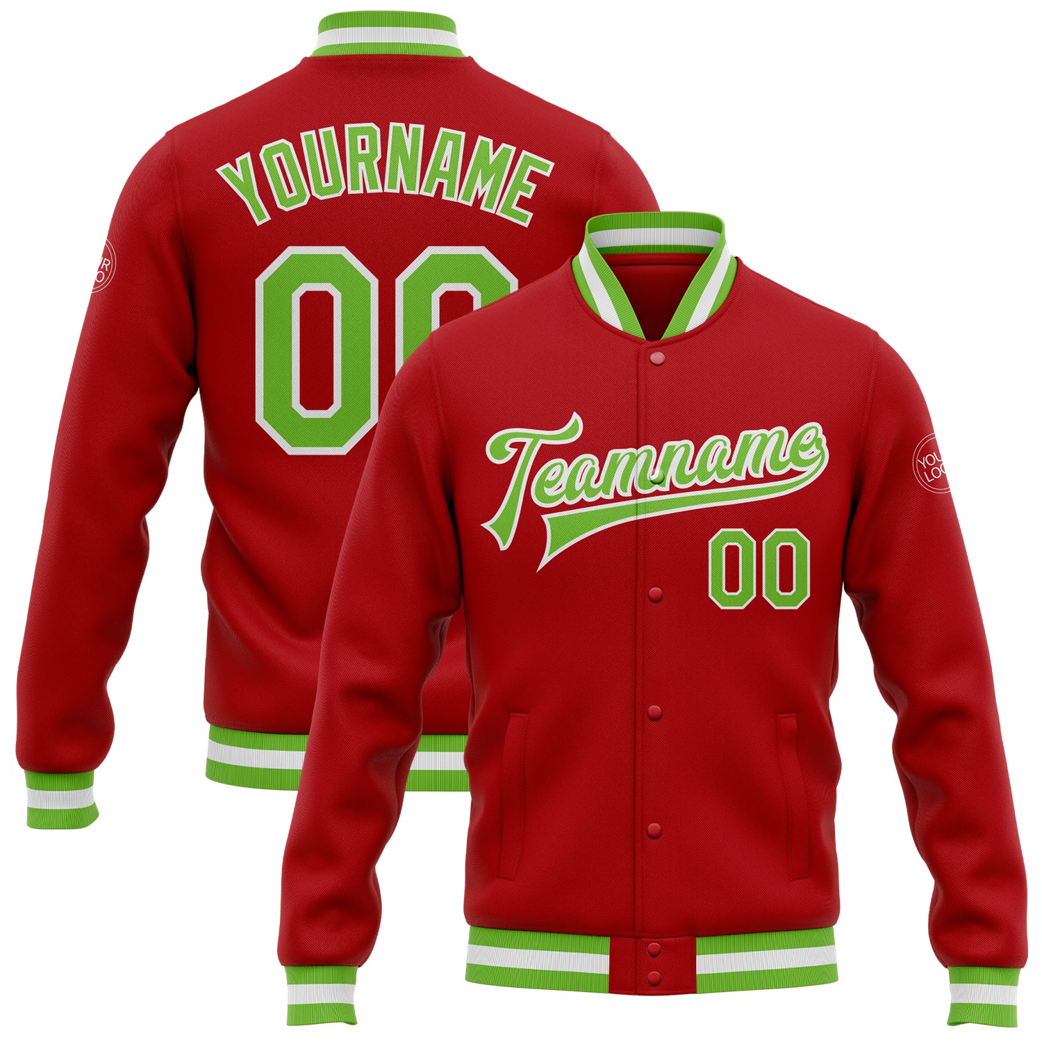 Custom Red Neon Varsity Letterman Jacket Green-White Full-Snap Bomber Custom Red Neon Green-White Bomber Full-Snap Varsity