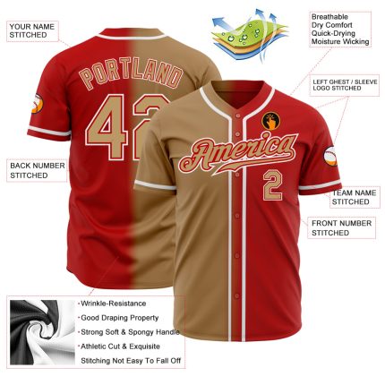 Custom Red Gold White Authentic Fade Baseball Jersey - Fashion Style Custom Red Old Gold-White Authentic Fade Fashion Baseball