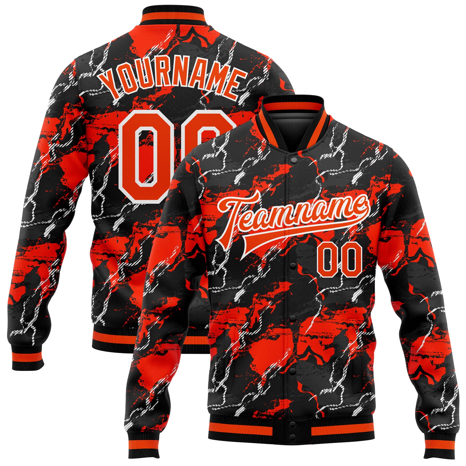 Custom Bomber Jacket Orange Black 3D Pattern Full-Snap Varsity Letterman Custom Red Orange-Black 3D Pattern Design Bomber