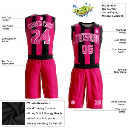 Custom Basketball Jersey Sublimation Suit in Red Pink and Black, Round Neck Design Custom Red Pink-Black Round Neck Sublimation